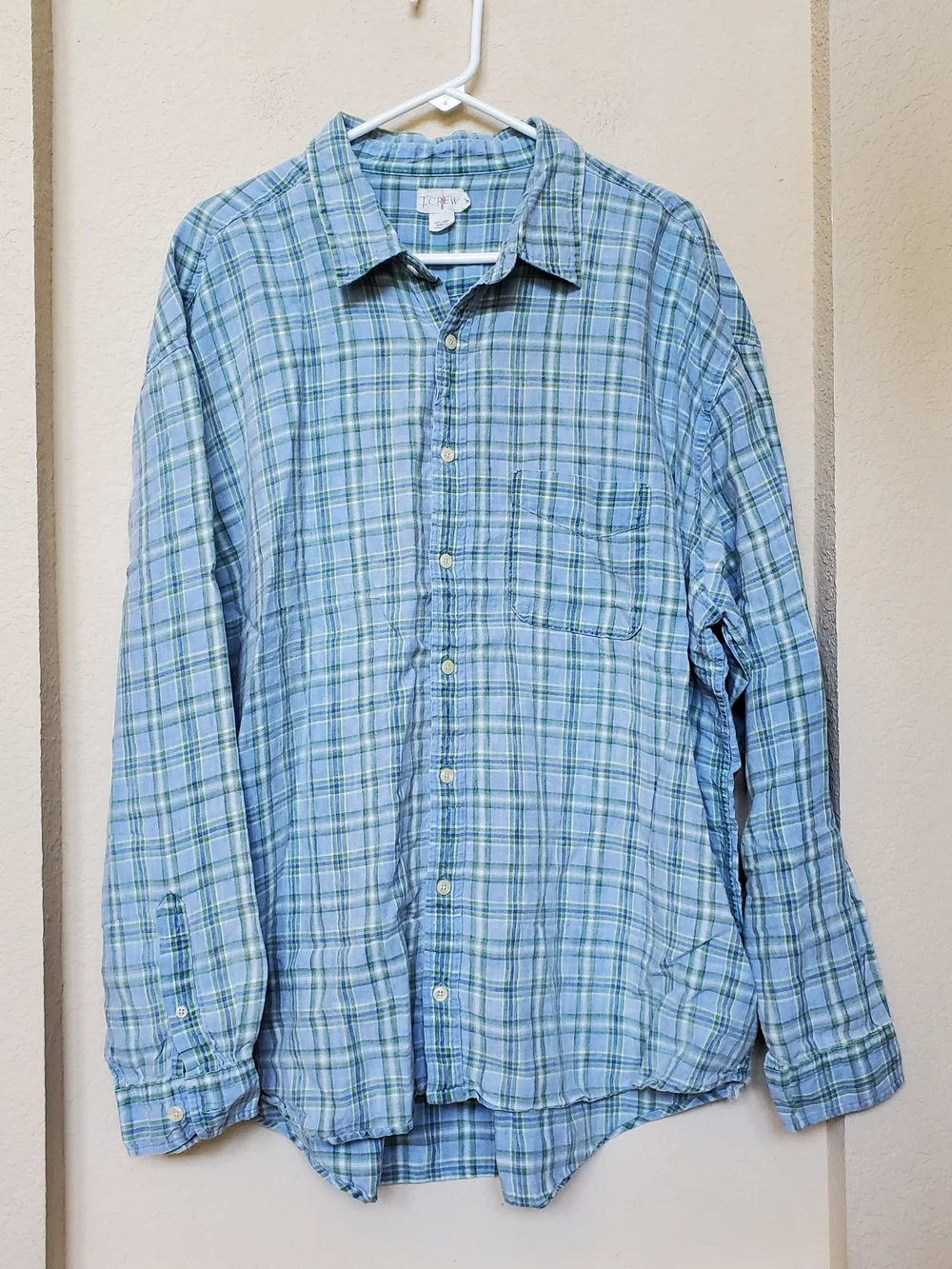 Vtg. J. Crew Blue and Green Plaid Linen Shirt.  Size XXL